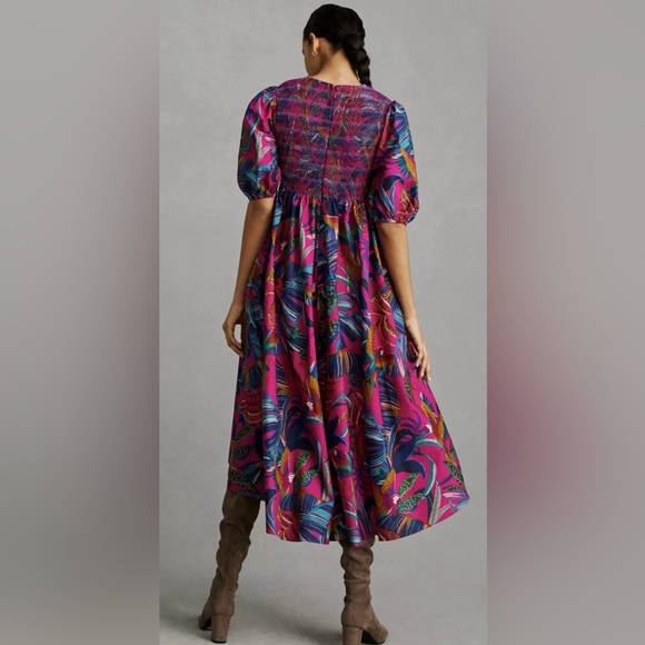 Farm Rio NWT Rainbow Macaws Purple Puff Sleeve Smocked Midi Dress Women's SZ XS - Picture 2 of 16